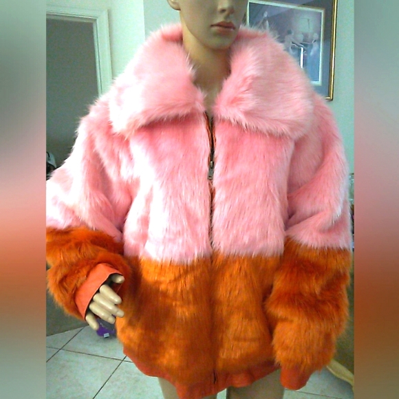BNWOT FAB. Ashley Stewart Teddy Jacket Pink &amp; Orange FURRIEST EXCITING &amp; YUMMY